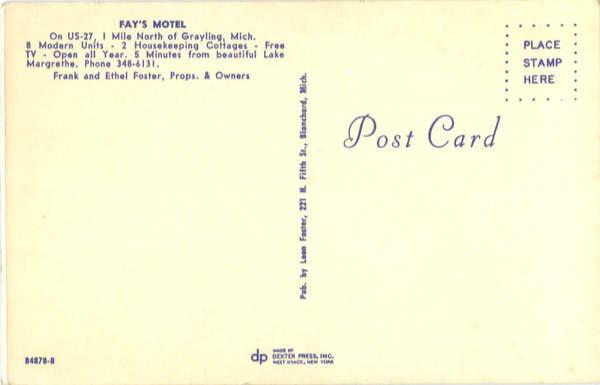 Fays Motel (Grayling Extended Stay) - Vintage Postcard Back (newer photo)